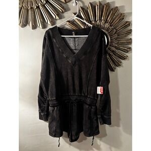 NWT $128 Free People Black Washed V Neck Drawstring Romper Jumpsuit Size L